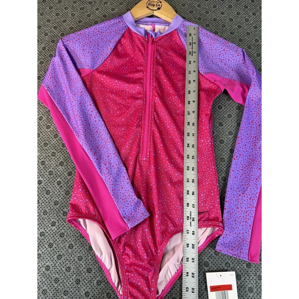Nike Girls Long Sleeve One-Piece Swimsuit Pink Purple Water Dots Size L (14/16) - Picture 9 of 11